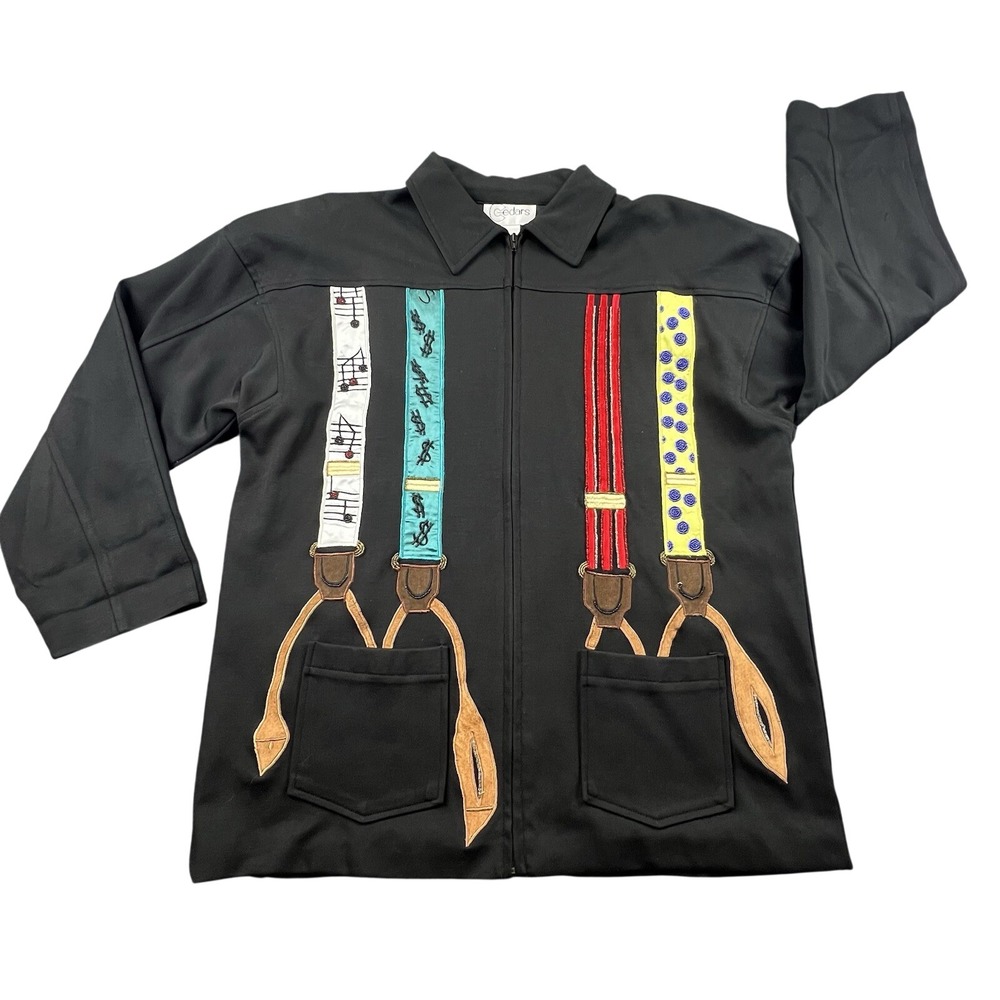 Cedars‎ M Black Zip Jacket Art Suspenders Embroidered Front/Back Pockets
